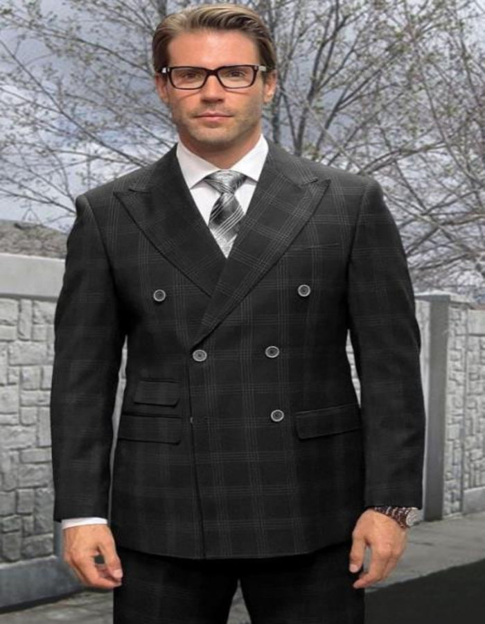 Double Breasted Suit - Wool Plaid Windowpane Suit - Statement Designer Suit Black - 100% Percent Wool Fabric Suit - Worsted Wool Business Suit