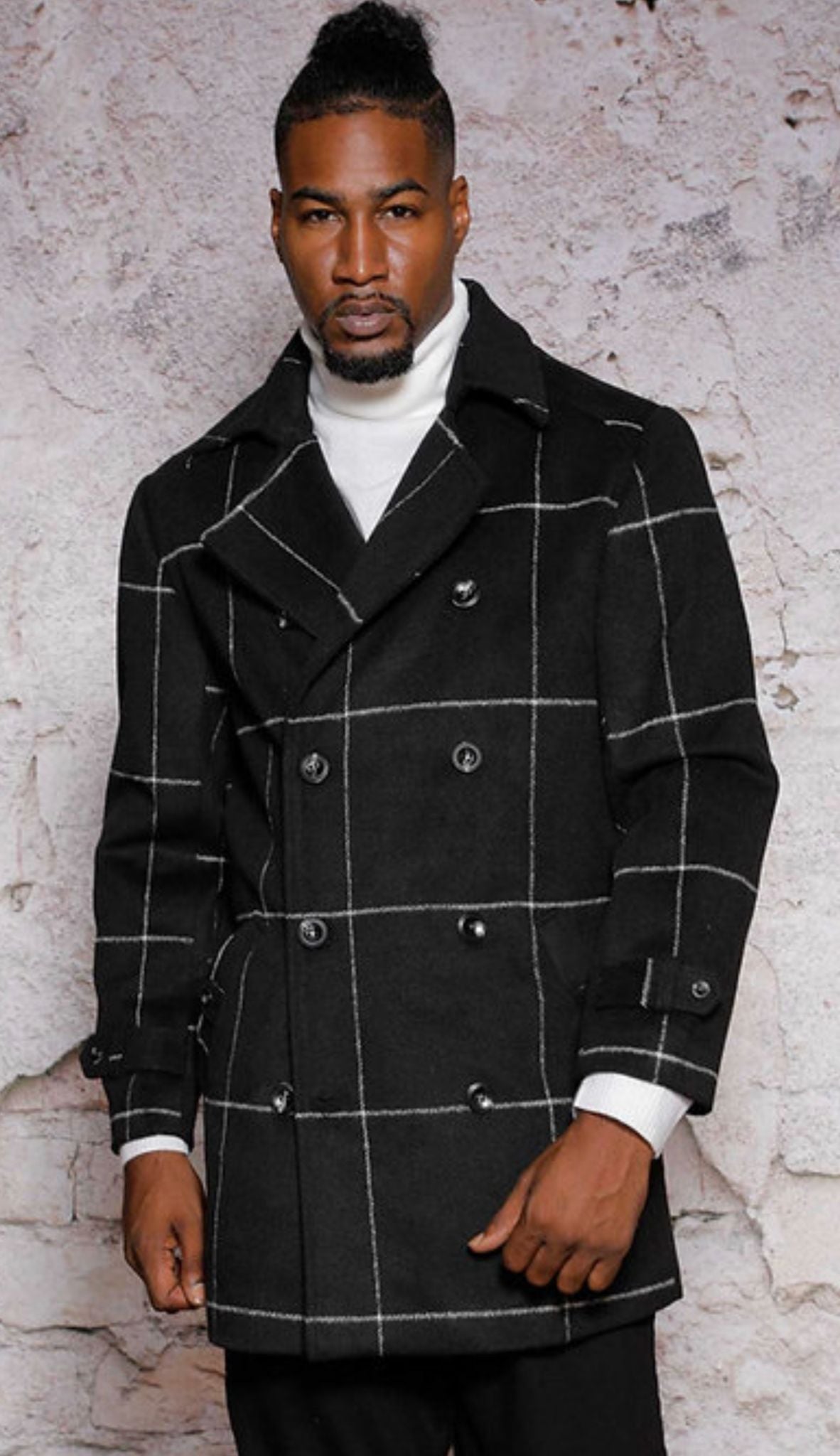 Mens Black Windowpane Check Wool Overcoat – Double-Breasted Winter Peacoat - Image 4