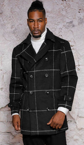 Mens Black Windowpane Check Wool Overcoat – Double-Breasted Winter Peacoat