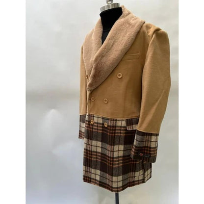 Mens Camel Brown Shawl Collar Overcoat with Plaid Wool Bottom – Double-Breasted Winter Topcoat With Fur Collar - Image 5