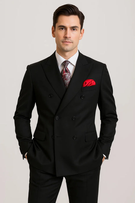  Double-Breasted Six-Button Peak Lapel Suit – Black 