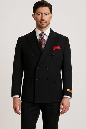 Double-Breasted Six-Button Peak Lapel Suit – Black 