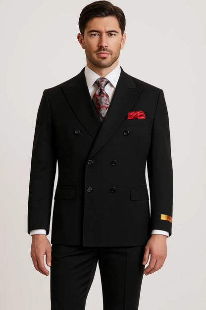  Double-Breasted Six-Button Peak Lapel Suit – Black 