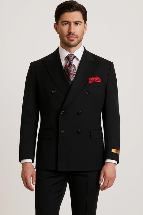  Double-Breasted Six-Button Peak Lapel Suit – Black 