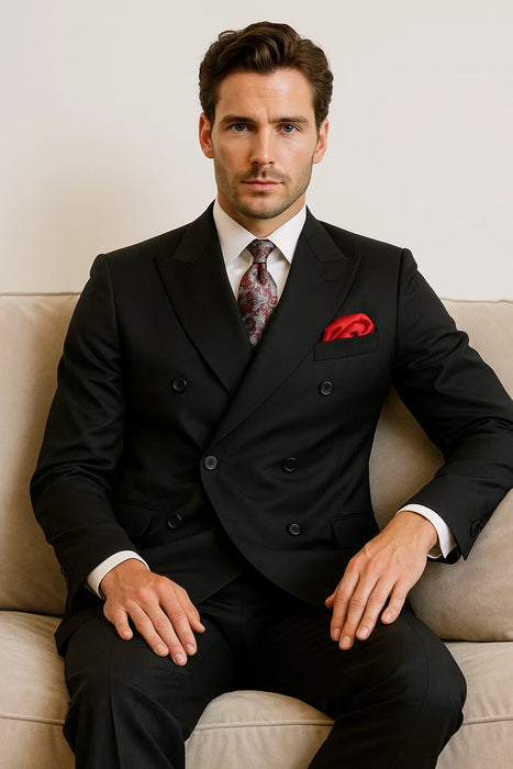  Double-Breasted Six-Button Peak Lapel Suit – Black 