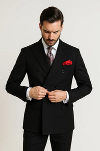  Double-Breasted Six-Button Peak Lapel Suit – Black 