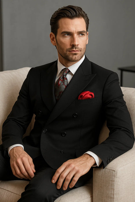  Double-Breasted Six-Button Peak Lapel Suit – Black 