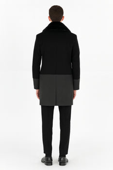 Men’s Double-Breasted Wool Overcoat with Faux Fur Shawl Collar – Classic Winter Dress Coat in Half Black and Charcoal