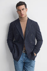 Men’s Double Breasted Navy Blue Pinstripe Blazer – Stripe Sport Coat Jacket