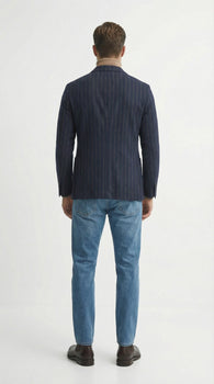 Men’s Double Breasted Navy Blue Pinstripe Blazer – Stripe Sport Coat Jacket