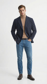 Men’s Double Breasted Navy Blue Pinstripe Blazer – Stripe Sport Coat Jacket