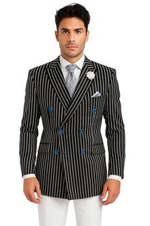 Mens Double Breasted Blazer in Color Black - Pinstripe Sportcoat