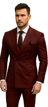 Double Breasted Slim Fit Suit - Burgundy Suit 