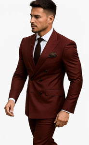 Double Breasted Slim Fit Suit - Burgundy Suit 