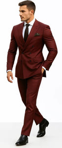 Double Breasted Slim Fit Suit - Burgundy Suit 