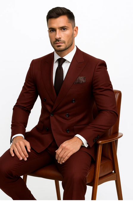 Double Breasted Slim Fit Suit - Burgundy Suit 