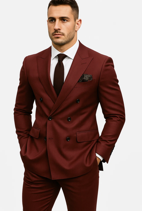 Double Breasted Slim Fit Suit - Burgundy Suit 