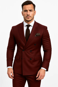 Double Breasted Slim Fit Suit - Burgundy Suit 