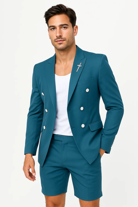 Mens Suits With Shorts - Double breasted Style With Gold Buttons