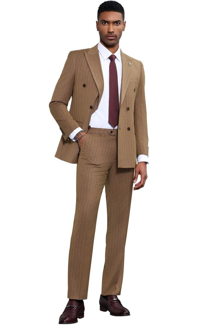 Men's Stacy Adams Double Breasted Pinstripe Suit in Camel - Image 3