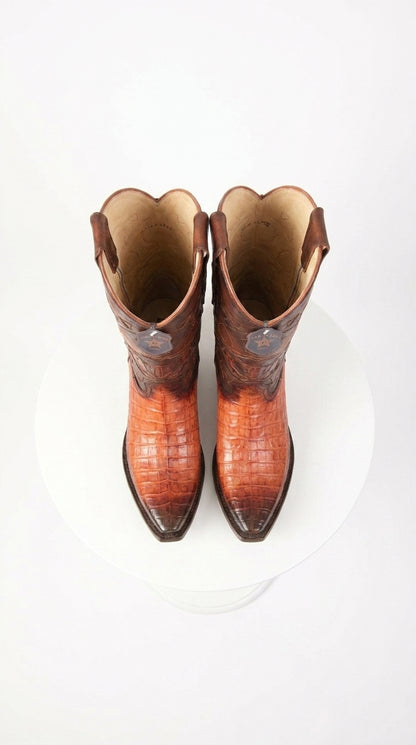 Los Altos Men’s Faded Cognac Caiman Snip Toe Cowboy Boots, Exotic Western Dress Boots