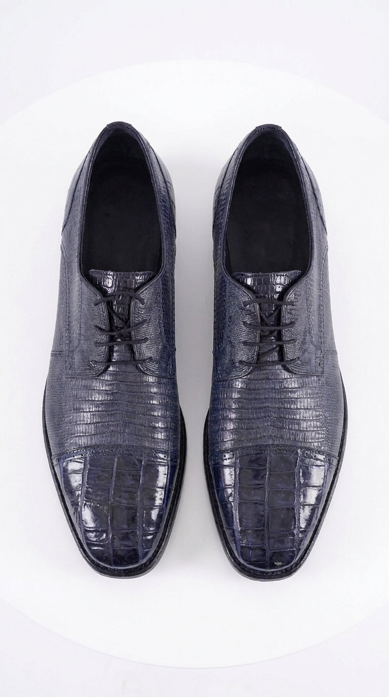Los Altos Men’s Navy Teju Lizard and Caiman Oxford Shoes, Exotic Lace-Up Formal Dress Shoes