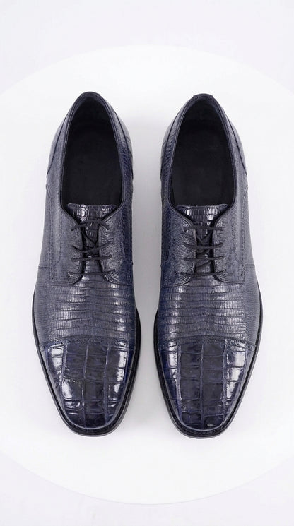 Los Altos Men’s Navy Teju Lizard and Caiman Oxford Shoes, Exotic Lace-Up Formal Dress Shoes