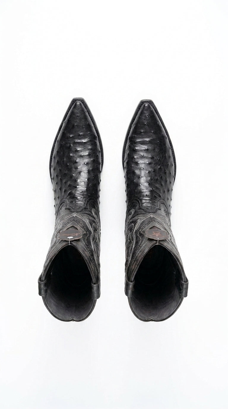 Los Altos Men’s Black Ostrich Pointed Toe Cowboy Boots, 1.5 Inch Walking Heel Botas De Avestruz