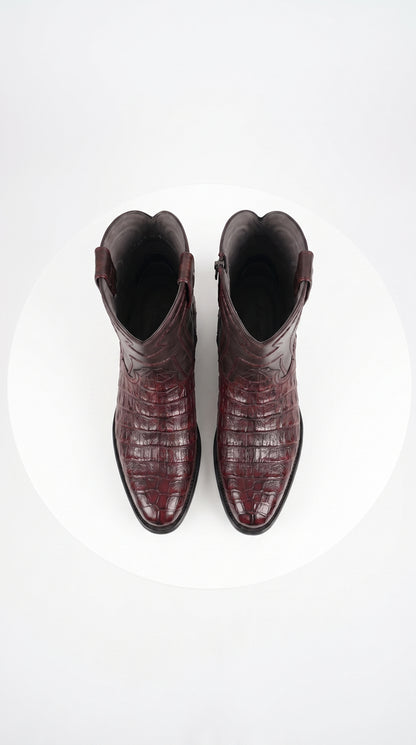 Los Altos Men’s Cherry Black Genuine Caiman Belly Roper Toe Boots, Exotic Western Dress Boots