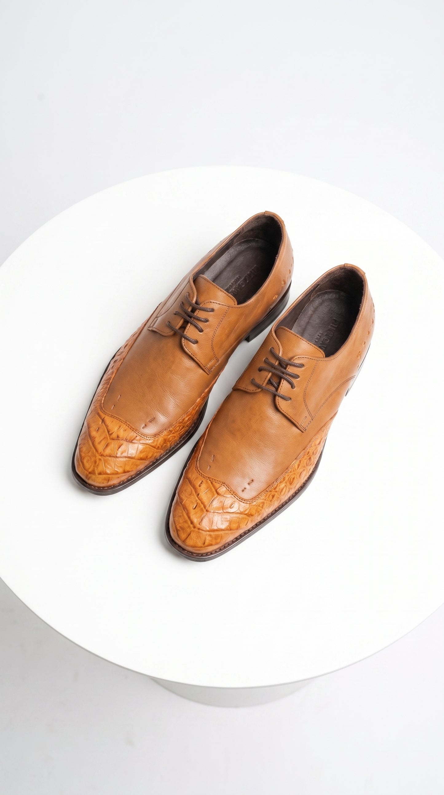 Vestigium Men’s Cognac Genuine Caiman Belly Derby Shoes, Exotic Lace-Up Formal Dress Shoes
