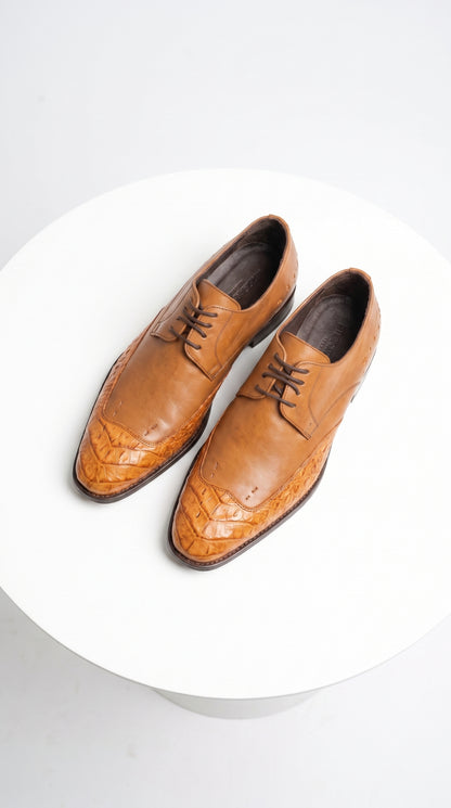 Vestigium Men’s Cognac Genuine Caiman Belly Derby Shoes, Exotic Lace-Up Formal Dress Shoes