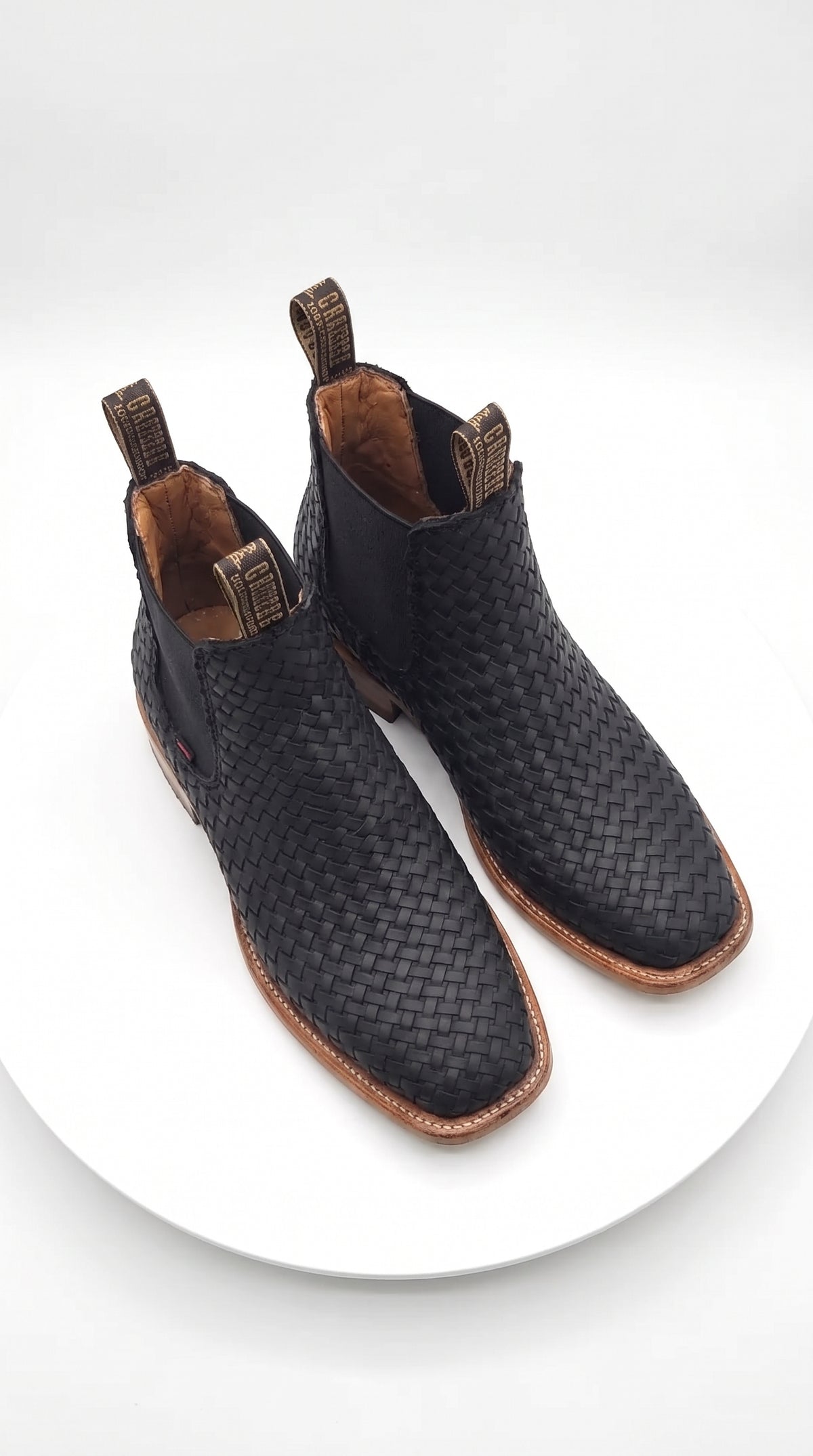 Besserro Men’s Black Petatillo Woven Leather Ankle Boots, Western Chelsea Style Square Toe Botines