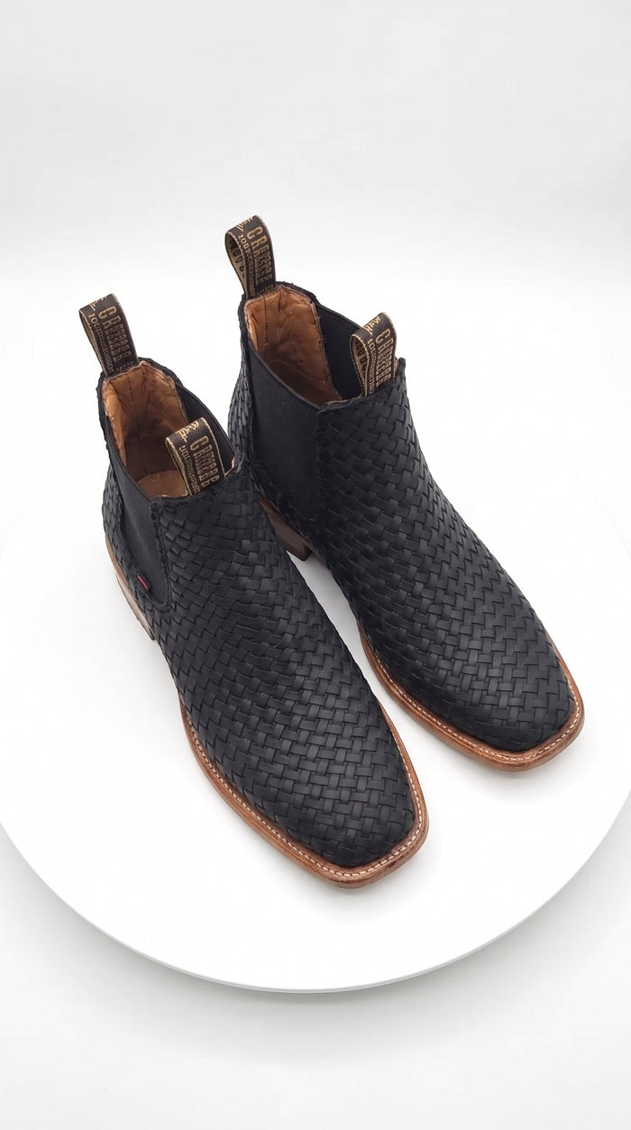 Besserro Men’s Black Petatillo Woven Leather Ankle Boots, Western Chelsea Style Square Toe Botines