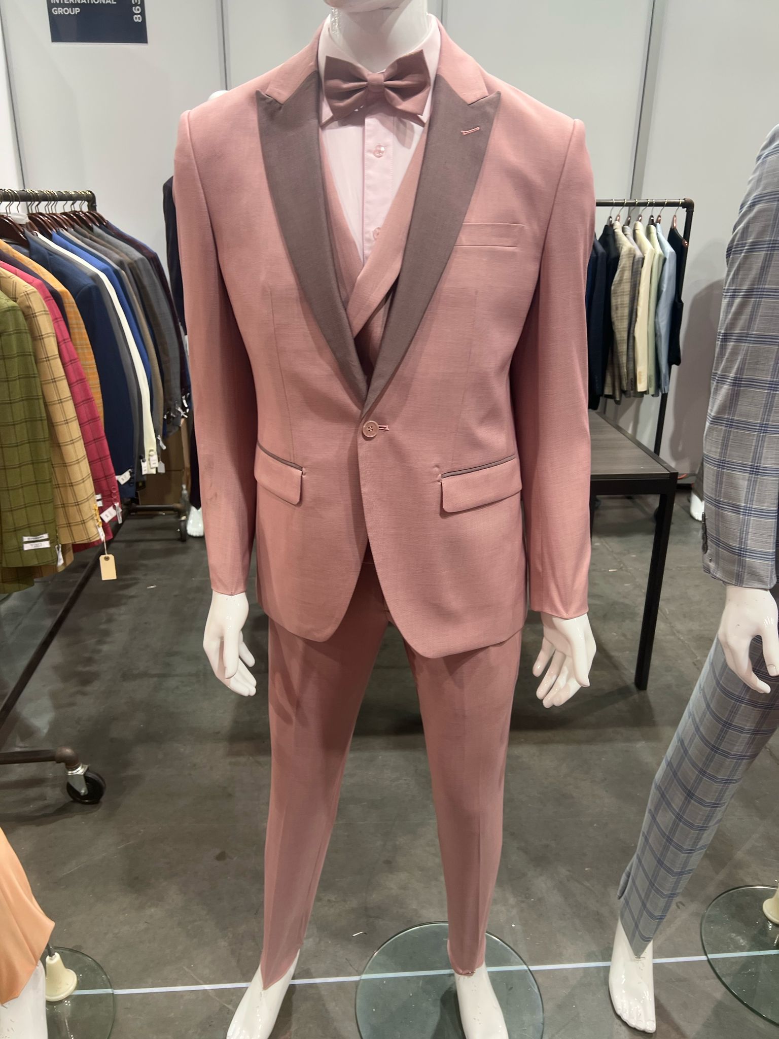 Mens Dusty Pink Three-Piece Slim Fit Tuxedo with Contrast Satin Lapel and Bow Tie - Image 3