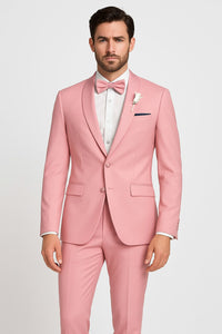 Dusty Rose Pink Tuxedo for Men – One Button Satin Lapel Wedding Prom Suit with Bow Tie