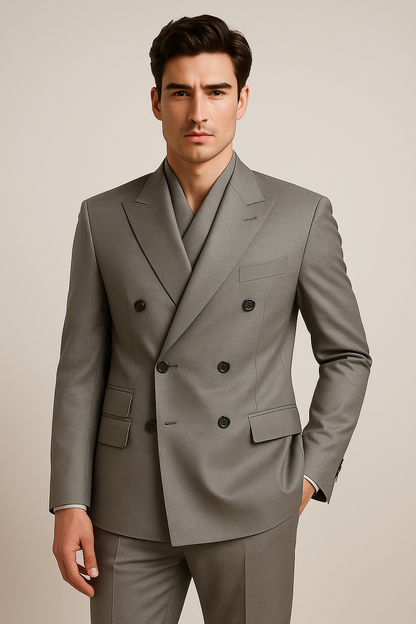 Tiglio Rosso Suit - Classic Fit Athletic Cut 100% Wool Super 150s Italian Fabric Peak Lapel Pleated Pants in Gray or Black or Navy Blue