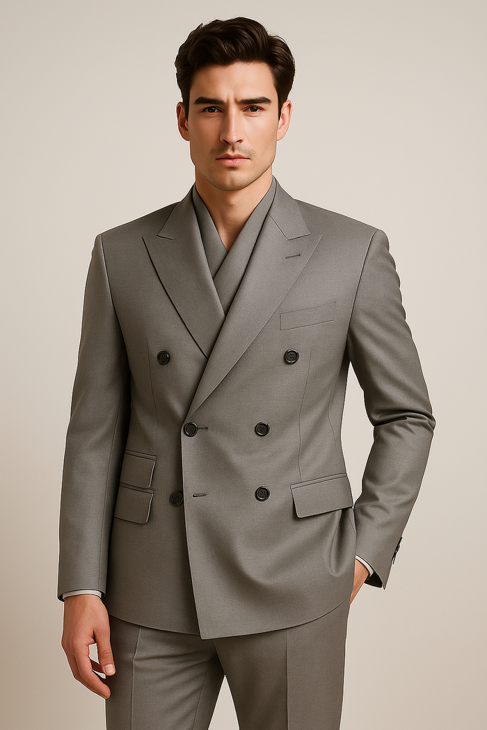 Tiglio Rosso Suit - Classic Fit Athletic Cut 100% Wool Super 150s Italian Fabric Peak Lapel Pleated Pants in Gray or Black or Navy Blue