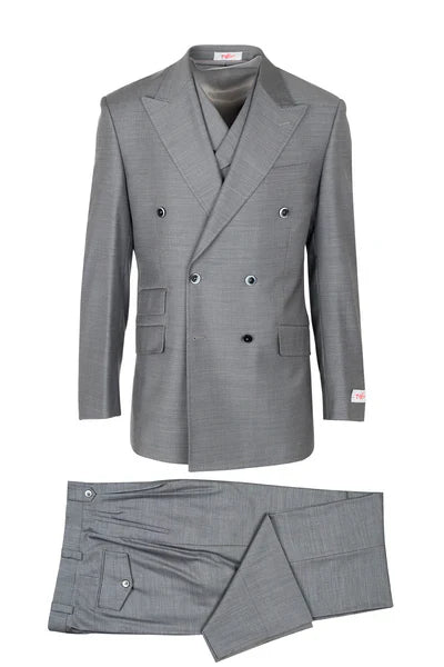 Tiglio Rosso Suit - Classic Fit Athletic Cut 100% Wool Super 150s Italian Fabric Peak Lapel Pleated Pants in Gray or Black or Navy Blue