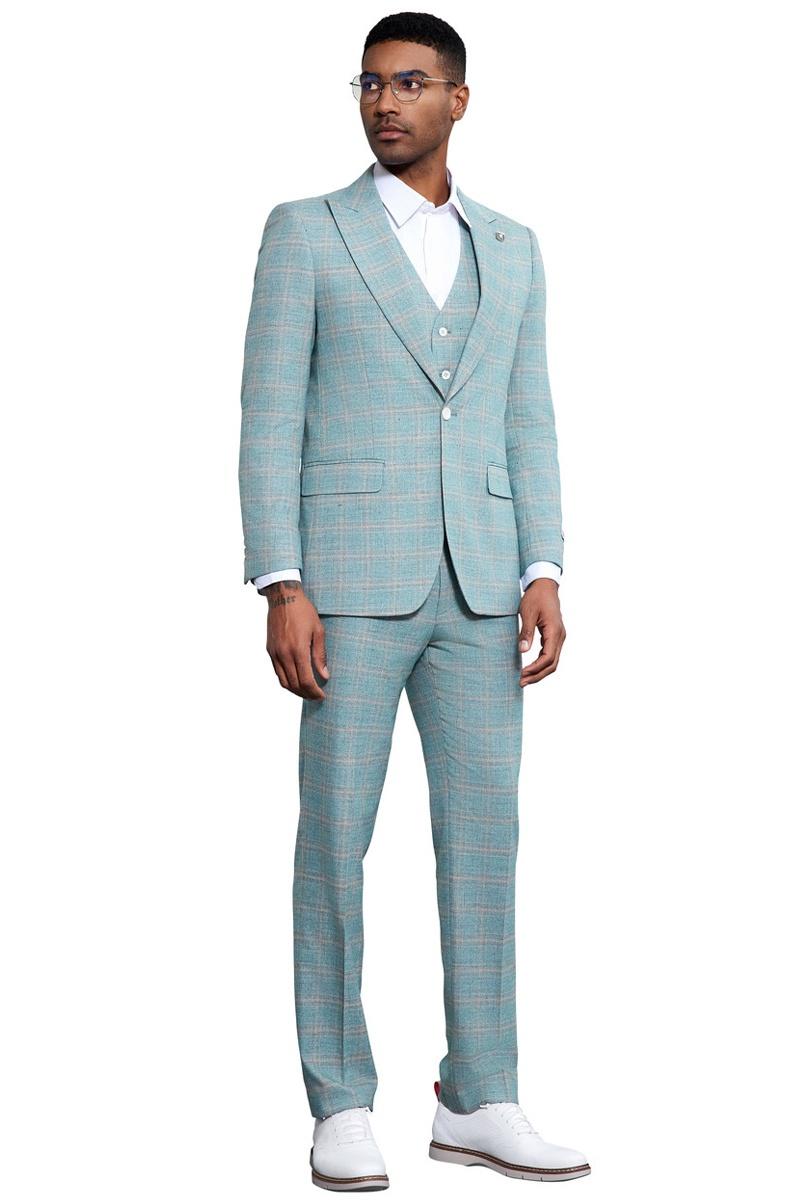 Men's Stacy Adams Vested Peak Lapel Light Turquoise Green Plaid Prom & Wedding Suit - Image 3