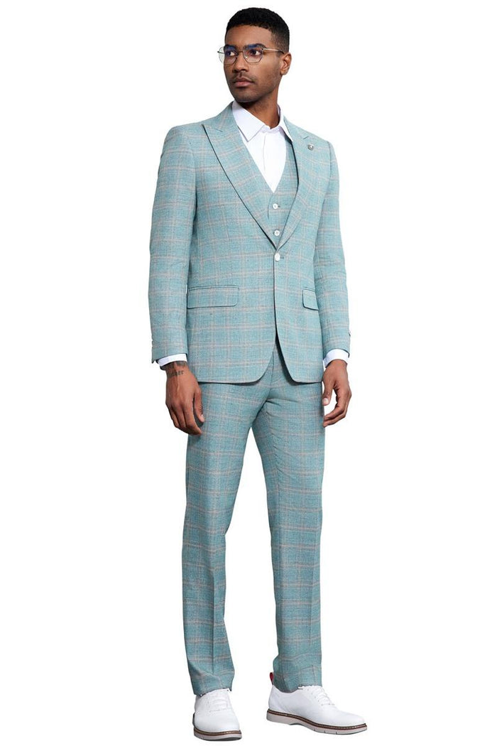 Men's Stacy Adams Vested Peak Lapel Light Turquoise Green Plaid Prom & Wedding Suit - Image 3