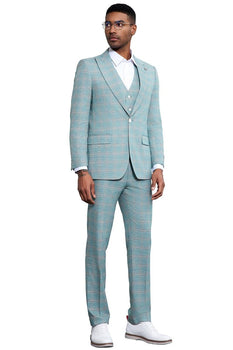 Men's Stacy Adams Vested Peak Lapel Light Turquoise Green Plaid Prom & Wedding Suit - Image 3