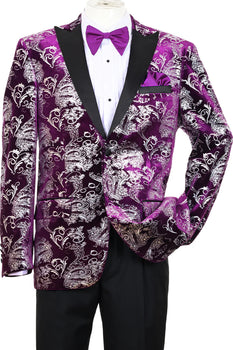 Mardi Gras Tuxedo Suit Men's Modern Fit Velvet Floral Paisley Foil Tuxedo Jacket in Purple & Silver