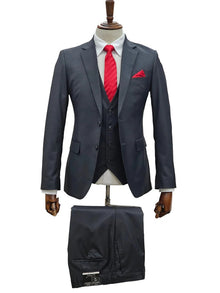 Mens Giovanni Testi Charcoal 3 Piece Suit   – 2 Button Closure, Classic Notch Lapel, Flex Waist Pants