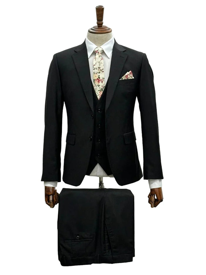 Mens Giovanni Testi 3 Piece Suit in Black – Notch Lapel 2 Button Jacket with Side Vents & Comfort Flex Waist Pants Modern Fit