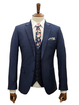 Mens Giovanni Testi Navy 3 Piece Suit – Modern Fit 2 Button Notch Lapel, Side Vents, Flex Waist Trousers