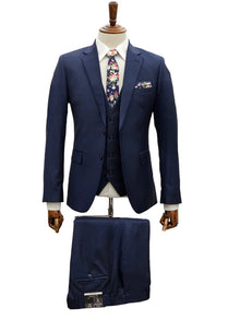 Mens Giovanni Testi Navy 3 Piece Suit – Modern Fit 2 Button Notch Lapel, Side Vents, Flex Waist Trousers