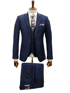 Mens Giovanni Testi Navy 3 Piece Suit – Modern Fit 2 Button Notch Lapel, Side Vents, Flex Waist Trousers