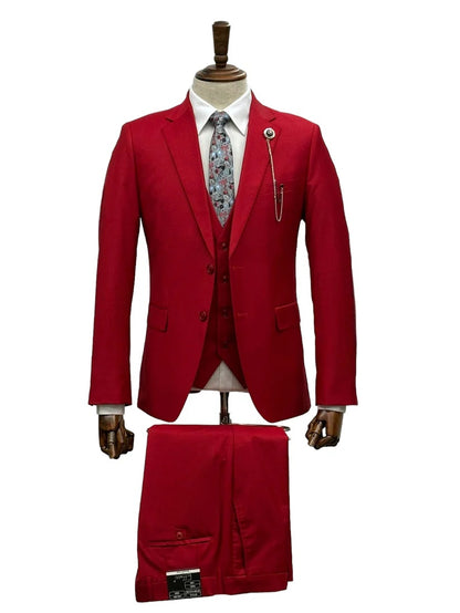 Mens Giovanni Testi Red 3 Piece Suit Set – Notch Lapel Jacket, Matching Vest, Side Vents & Comfort Waist Pants Modern Fit