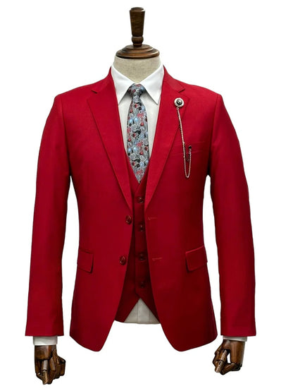 Mens Giovanni Testi Red 3 Piece Suit Set – Notch Lapel Jacket, Matching Vest, Side Vents & Comfort Waist Pants Modern Fit