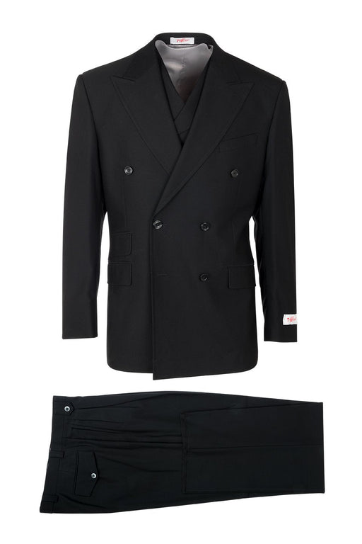 Tiglio Italian Suit - Real Wool Fabric Super 150's EST Black, Double Breast  Wide Leg Suit & Vest in Color Black